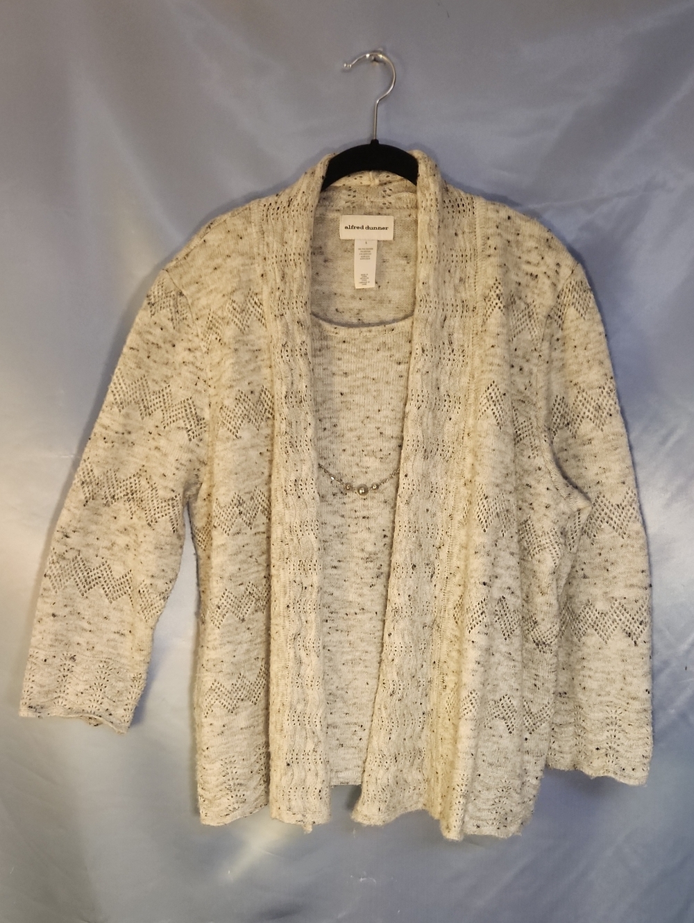 Alfred Dunner Oatmeal Open-Front Knit Cardigan Built In Necklace Sz L